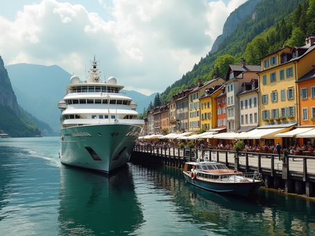 A sleek luxury river cruise ship docked alongside a cobblestone promenade in a picturesque European town, surrounded by historic riverside architecture and calm waters.