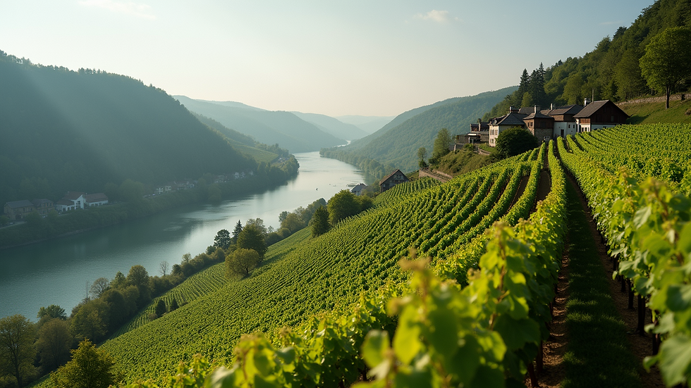 High angle view of a vineyard-covered hillside along the Rhine River
