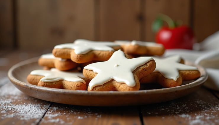 Close-up view of a plate of golden-brown gingerbread cookies with intricate icing designs