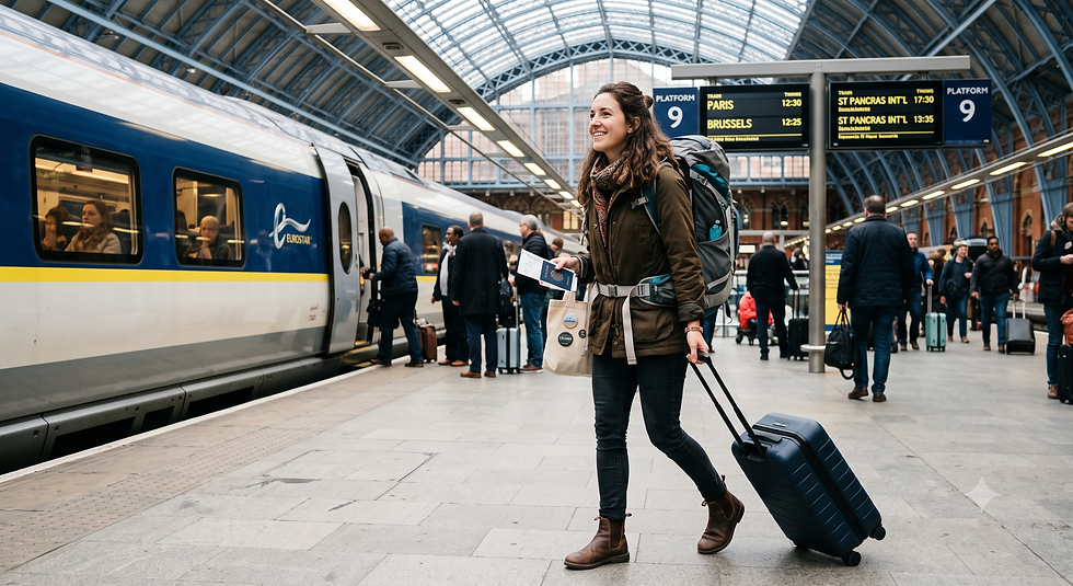 A wide-angle photograph titled "Woman travelling.png" captures a smiling woman with a backpack, tote bag, and rolling suitcase, holding a passport as she walks rightward on a bustling train platform at St Pancras International Station. To her left is an open Eurostar train, and a large departure board lists trains to Paris and Brussels.