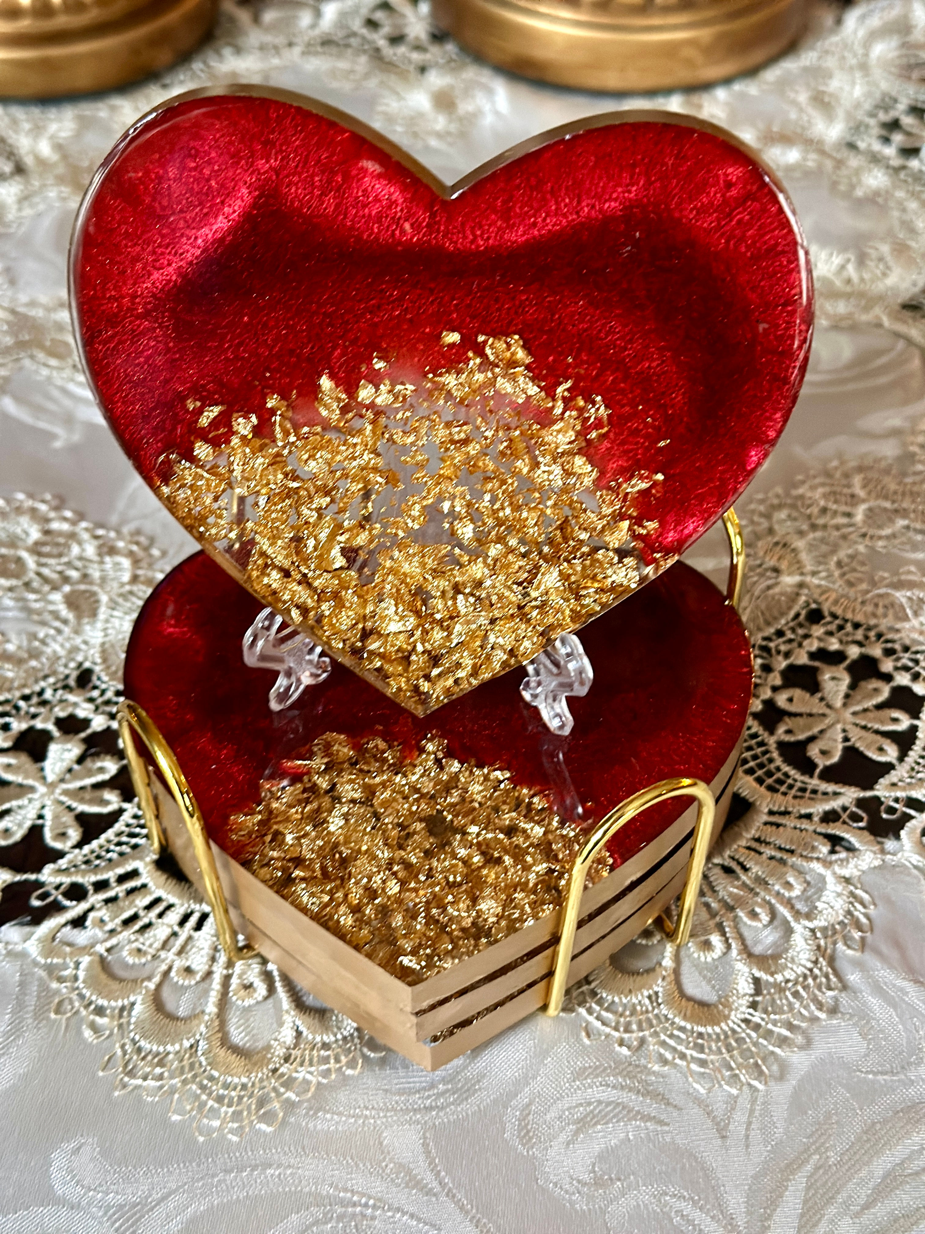 Blood Red With Gold Foil Heart Coasters (Item #C0037)