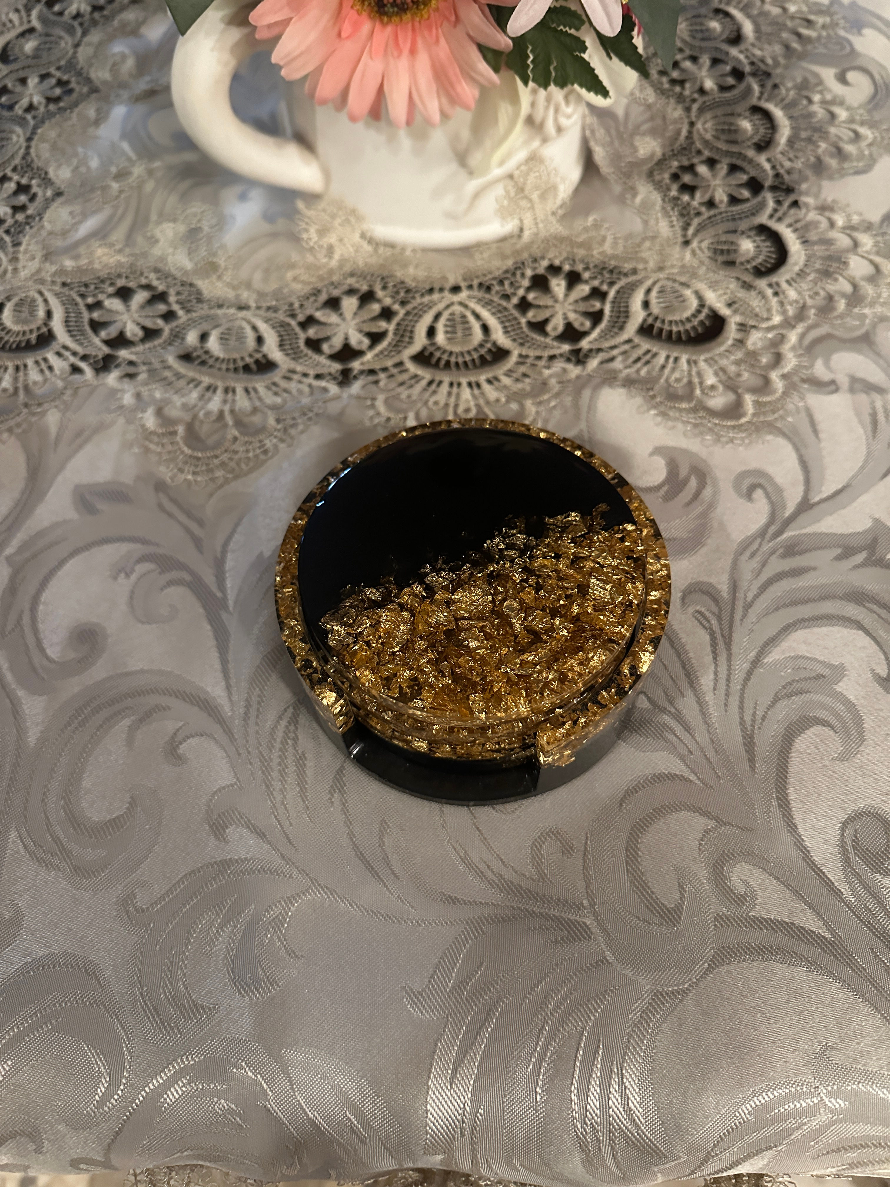 Black With Gold Foil Round Coasters With Round Holder Set of 4 (Item #C0030)