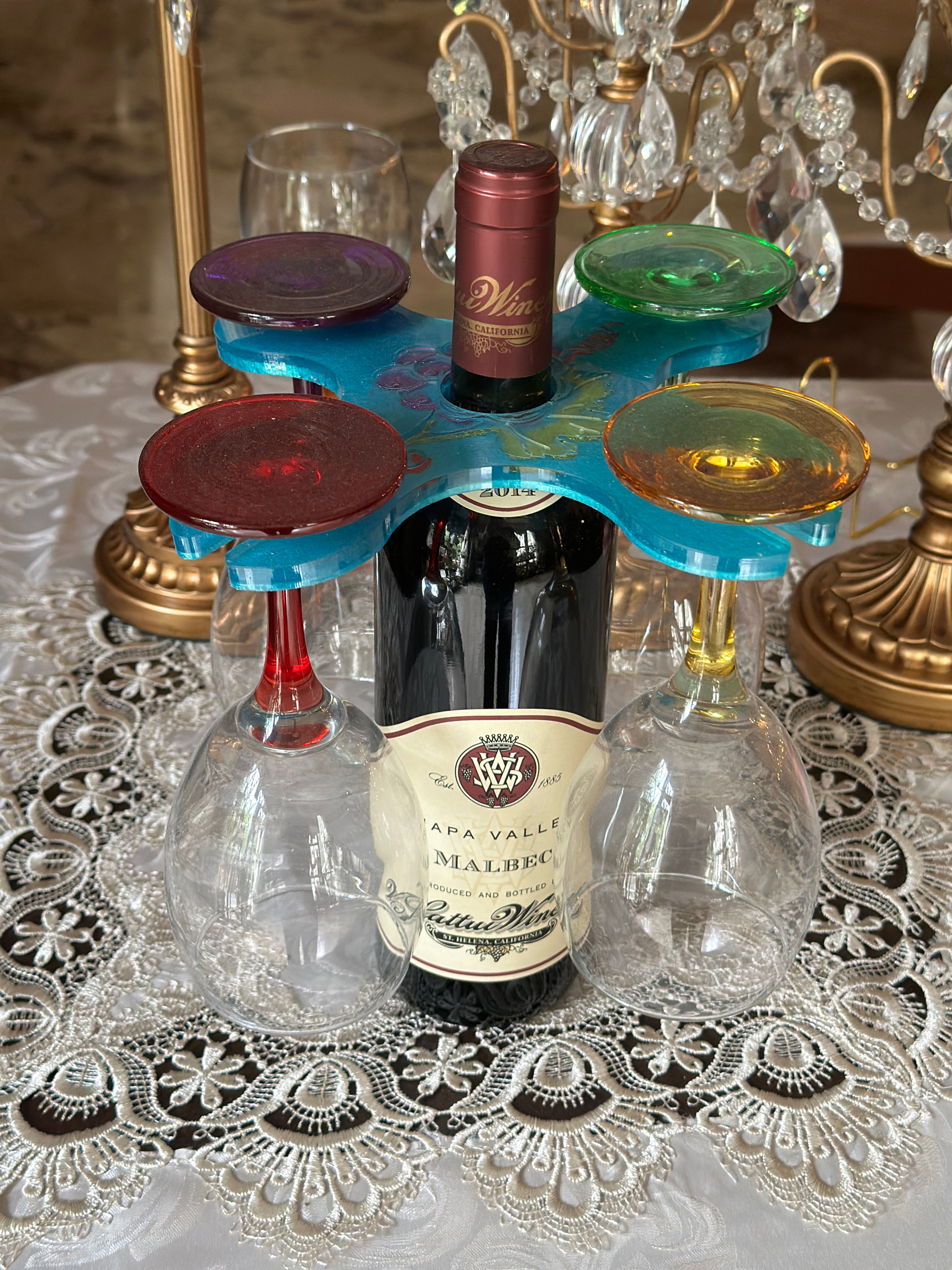 4 Glass Turquoise Blue Grapevine Wine Caddy (Item #WC0003)