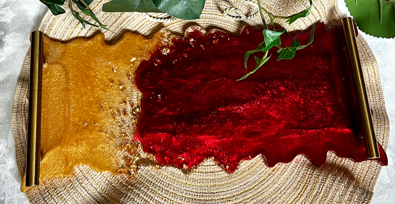 Blood Red & Gold Rectangle Geode Tray (Item #T0006)