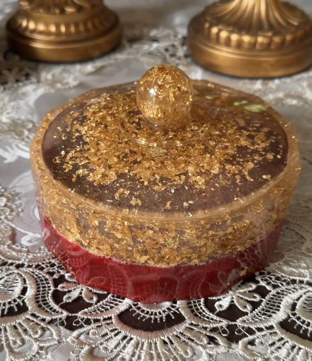 Blood Red with Gold Leaf Round Storage Container (Item #SC0001)