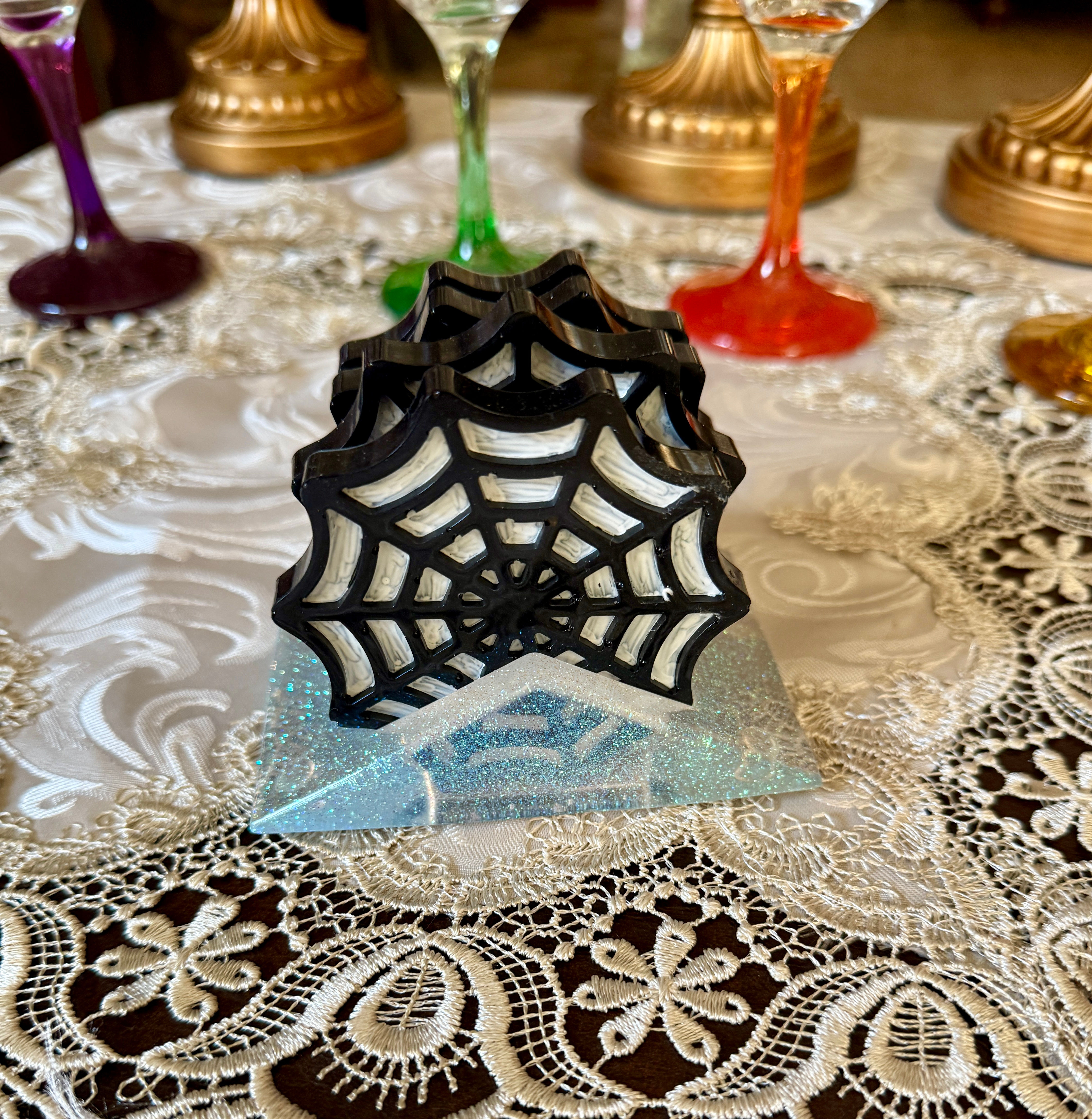 Mini Spider Web Sip Coasters Set Of 4 With Rack (Item #C0075)