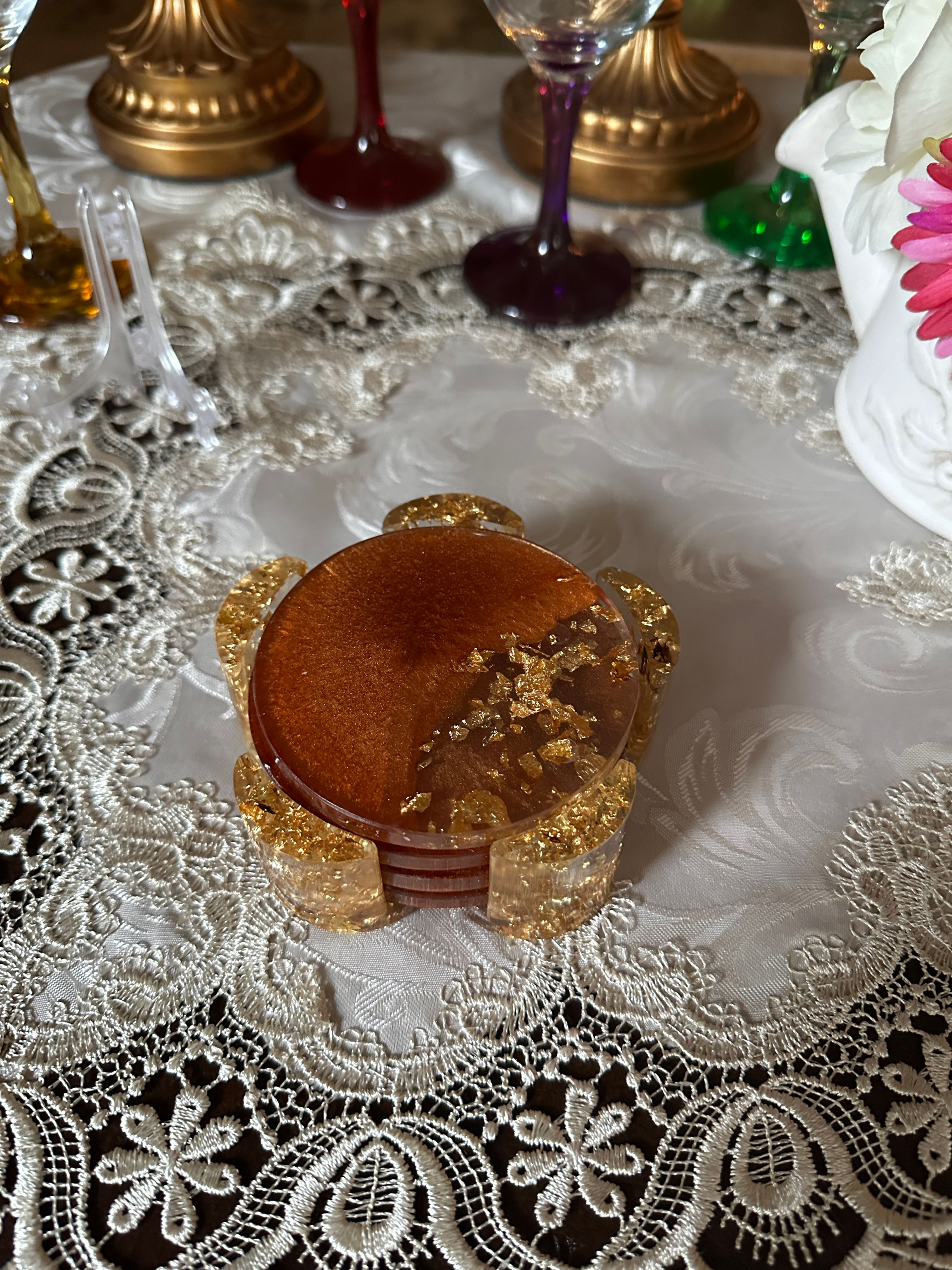 Pure Copper with Gold Foil Round Coasters Set of 4 With Holder (Item #C0063HM)