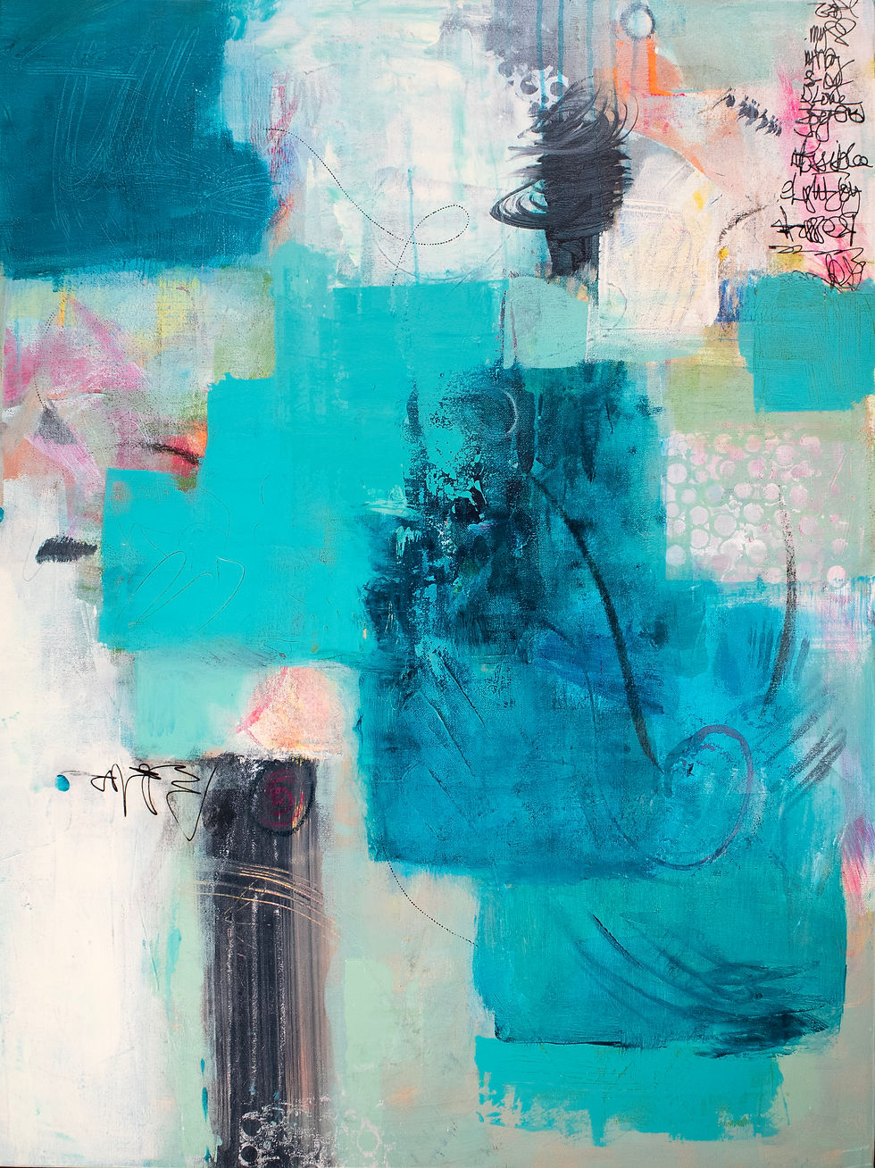 Luce Dentro: The light within is a mixed media painting with large areas of blues and it include asemic writing as part of the textures.