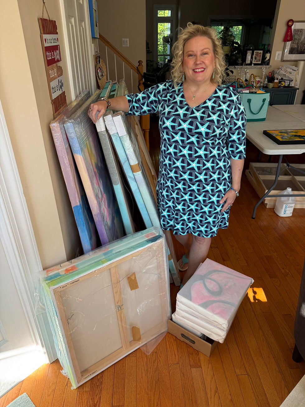 Precious Burger standing with her wrapped art prepped and ready for travel to VECCA in Woodstock VA.