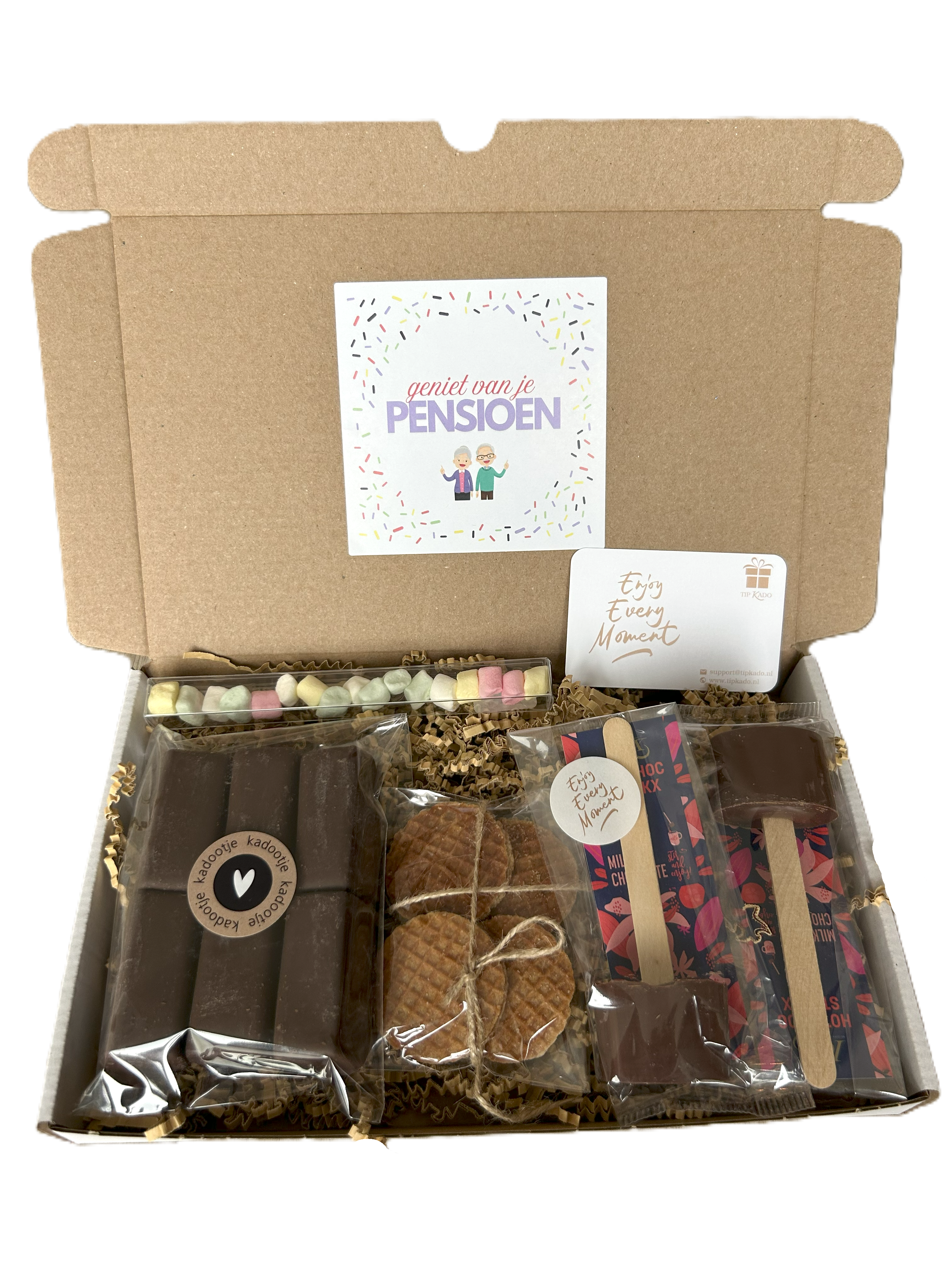Pensioen brievenbus cadeau met chocoladestick, marshmallows, stroopwafels
