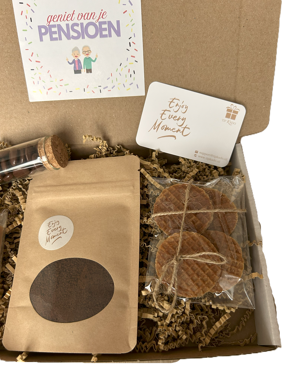 Pensioen brievenbus cadeau fudge stroopwafels chocolade mokkaboontjes