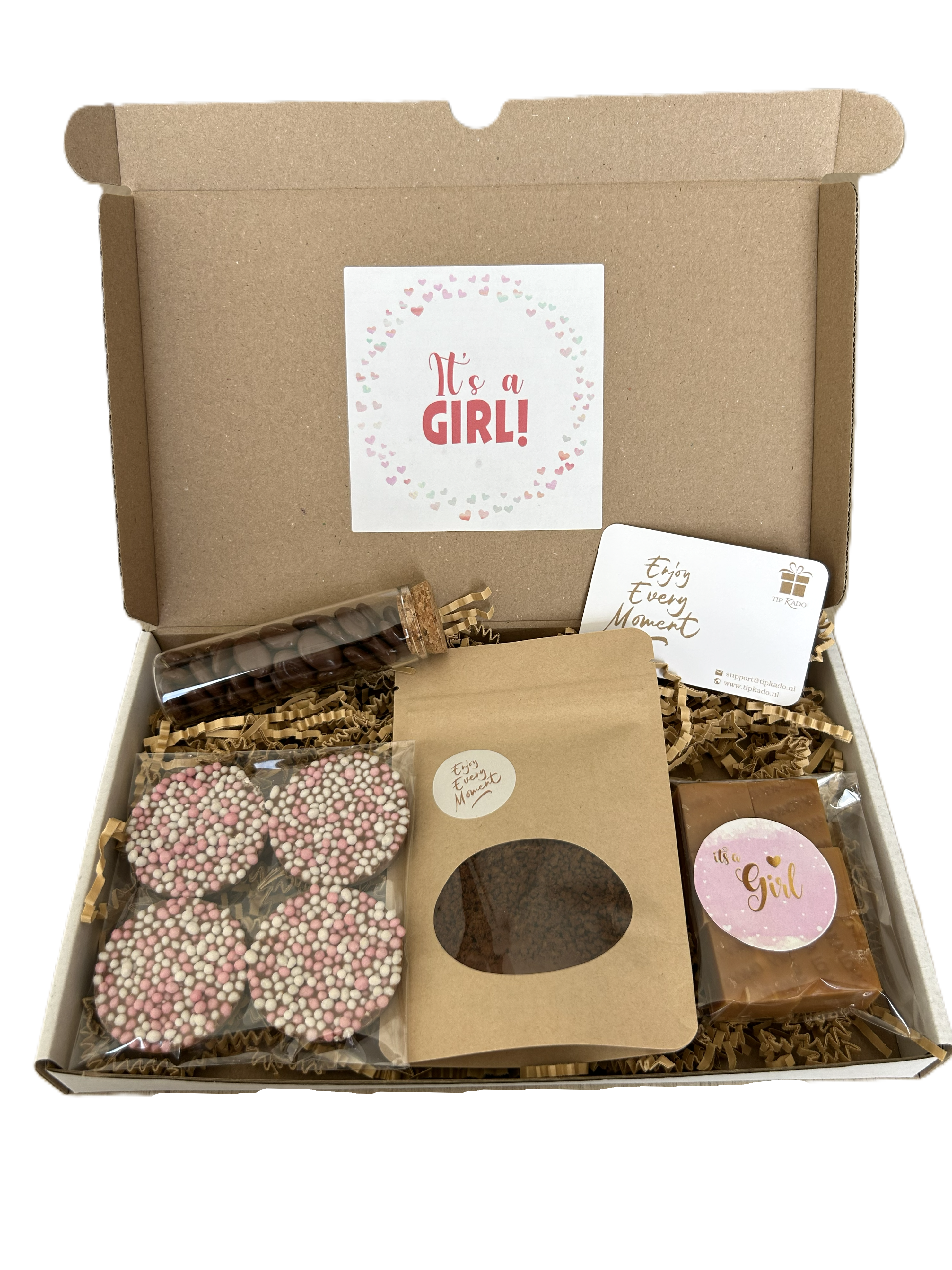 Baby meisje kraamcadeau koffie roze muisjes chocolade mokkaboontjes fudge