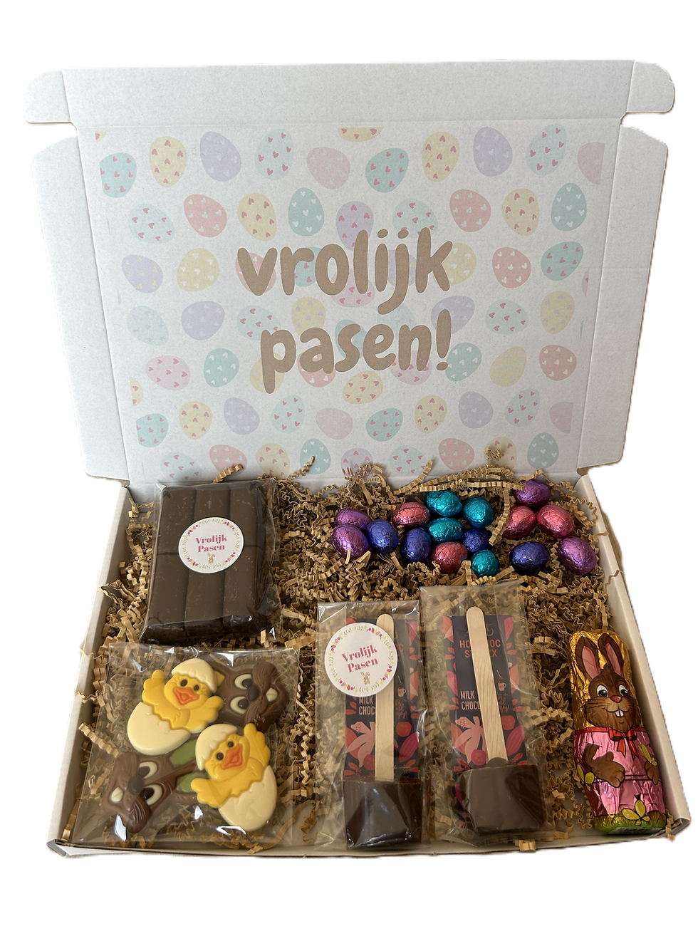 XL Pasen brievenbus chocolade cadeau paaseitjes chocosticks paashaas kuikentjes