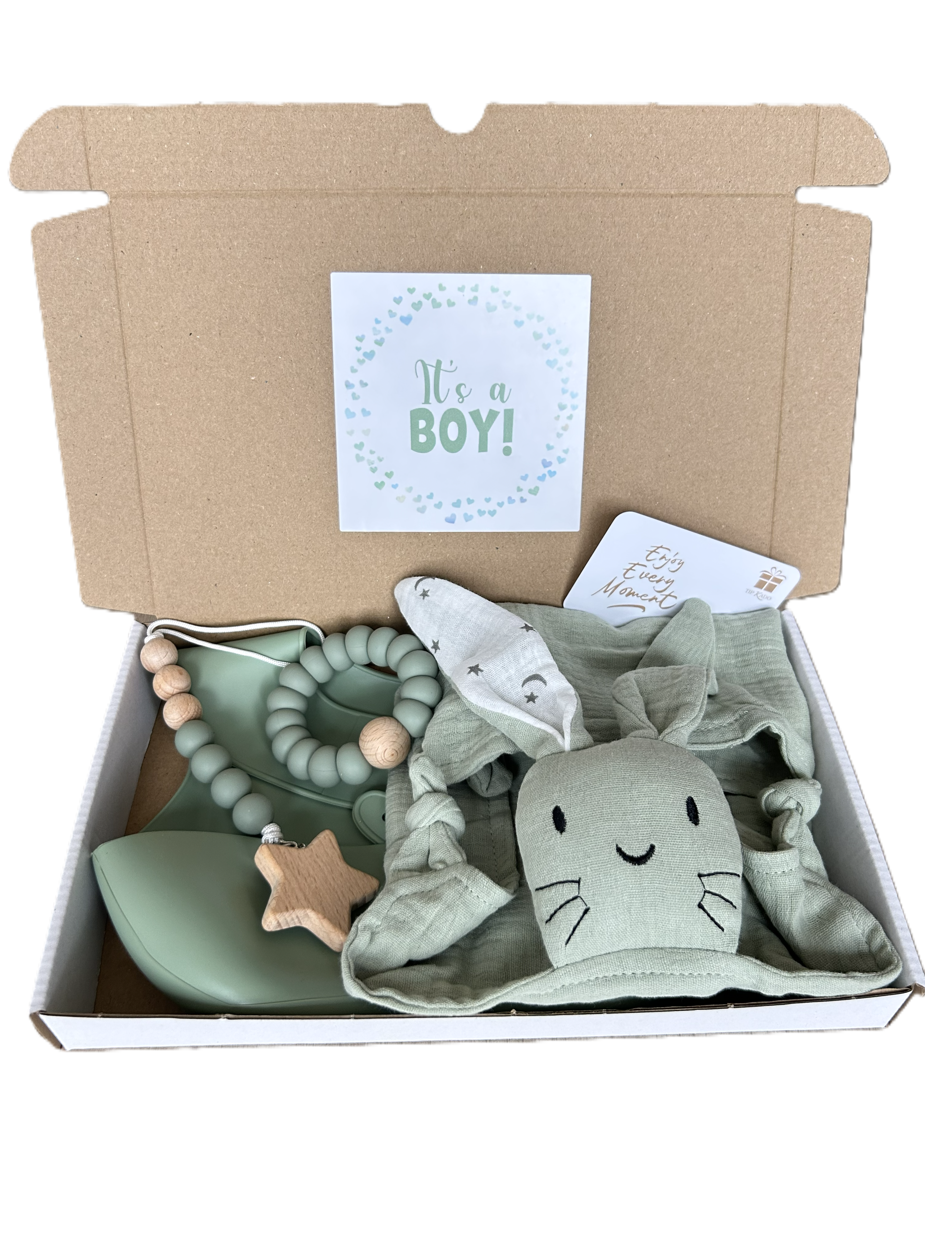 Baby het is een jongen kraamcadeau brievenbus knuffel slab speenkoord bijtring