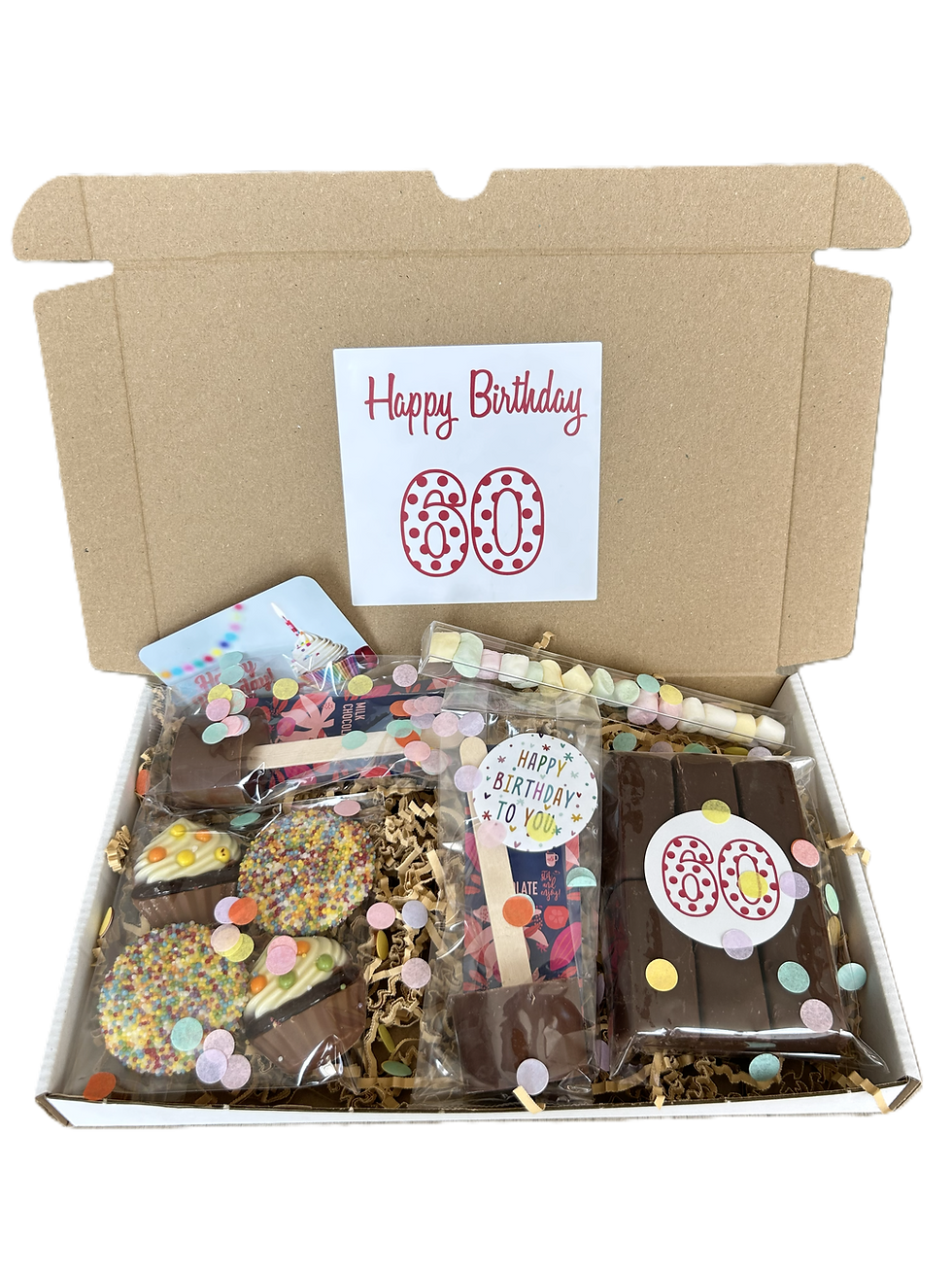 60 Verjaardag brievenbus cadeau chocolade cupcake chocolademelk marshmallows