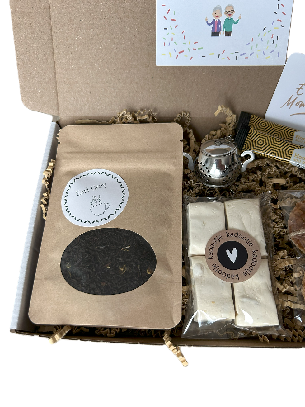Pensioen brievenbus cadeau thee nougat honing stroopwafels theezeefje