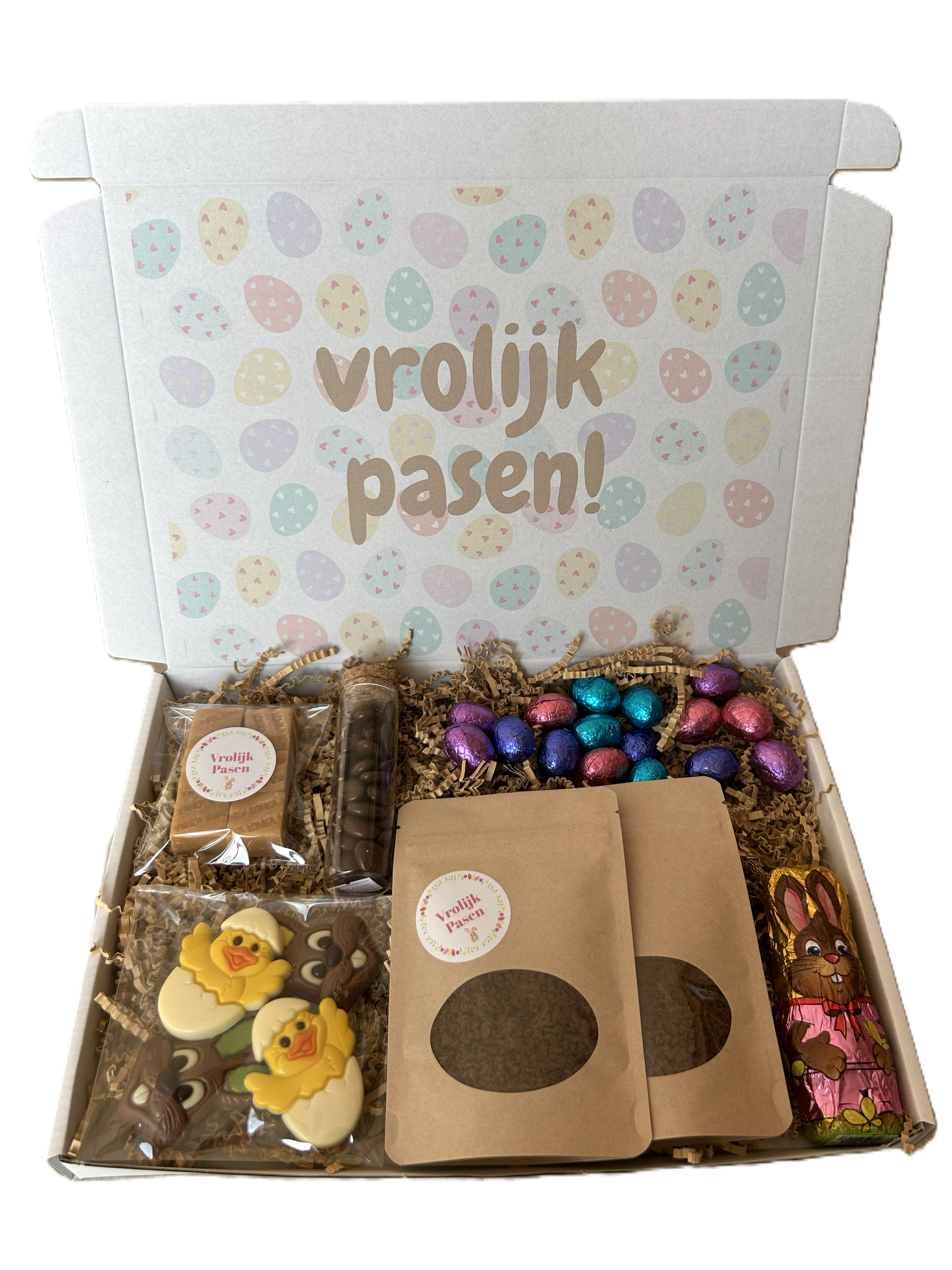 XL Pasen brievenbus cadeau koffie mokkaboontjes chocolade fudge paashaas kuikentje