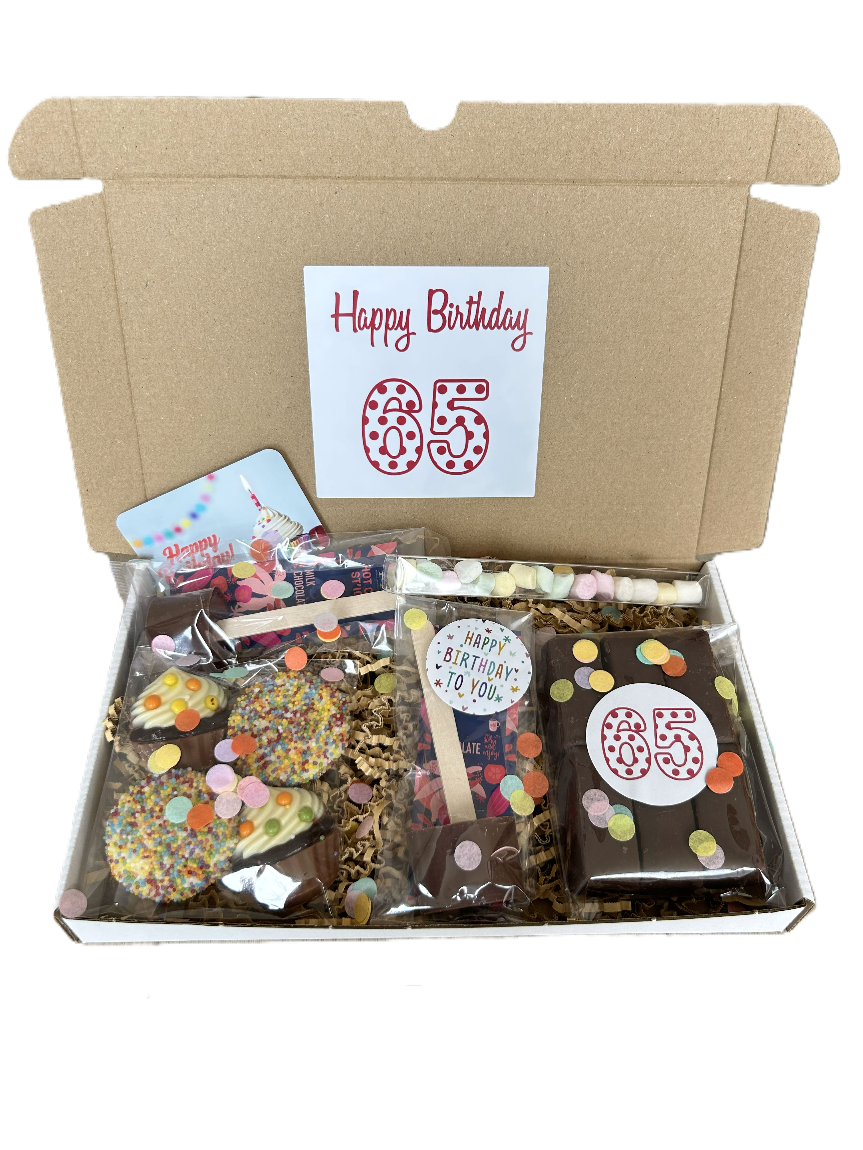 65 Verjaardag brievenbus cadeau chocolade cupcake chocolademelk marshmallows