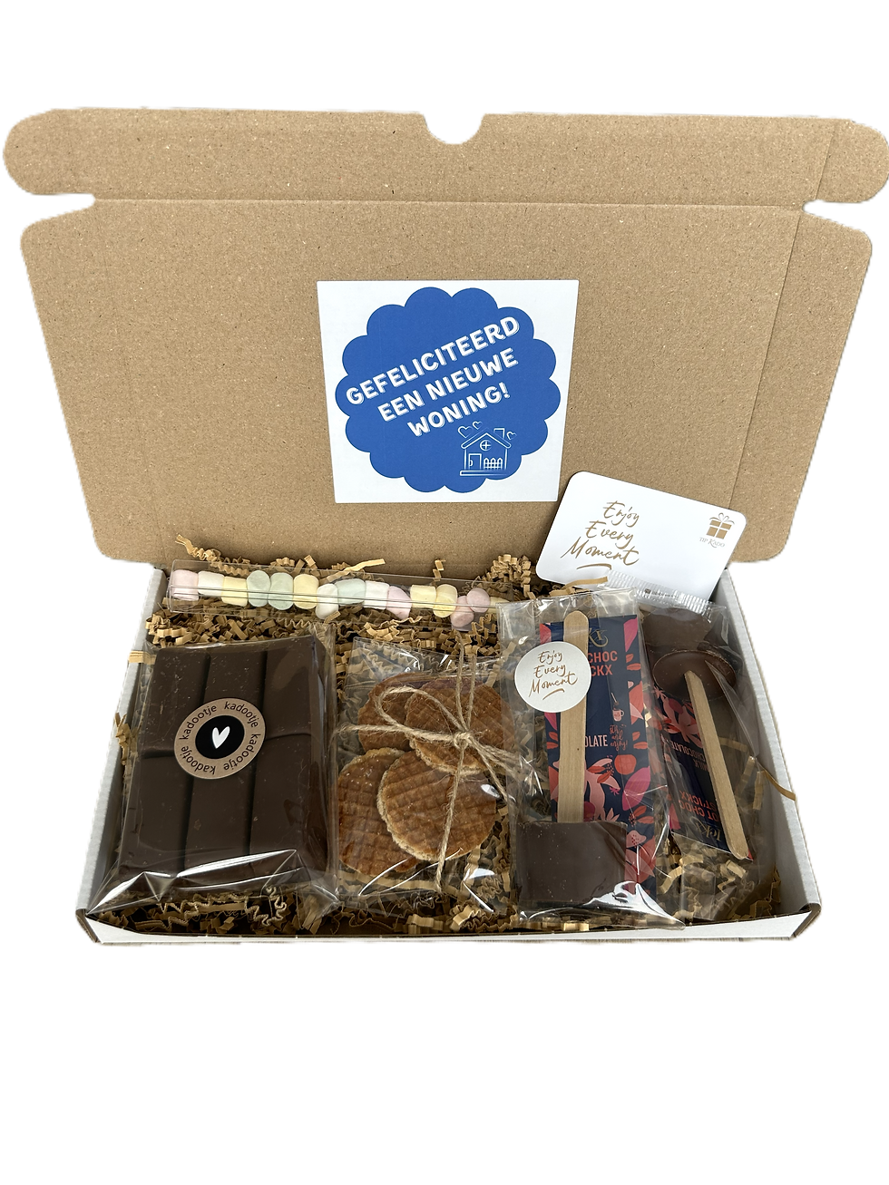 Nieuwe woning verhuisd chocolade brievenbus cadeau marshmallows stroopwafels