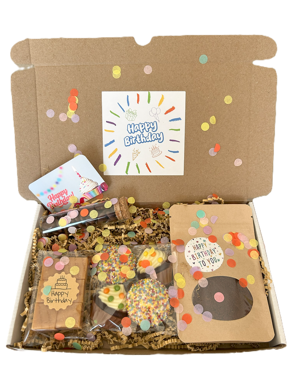 Koffie verjaardag brievenbus cadeau met fudge, chocolade en mokkaboontjes