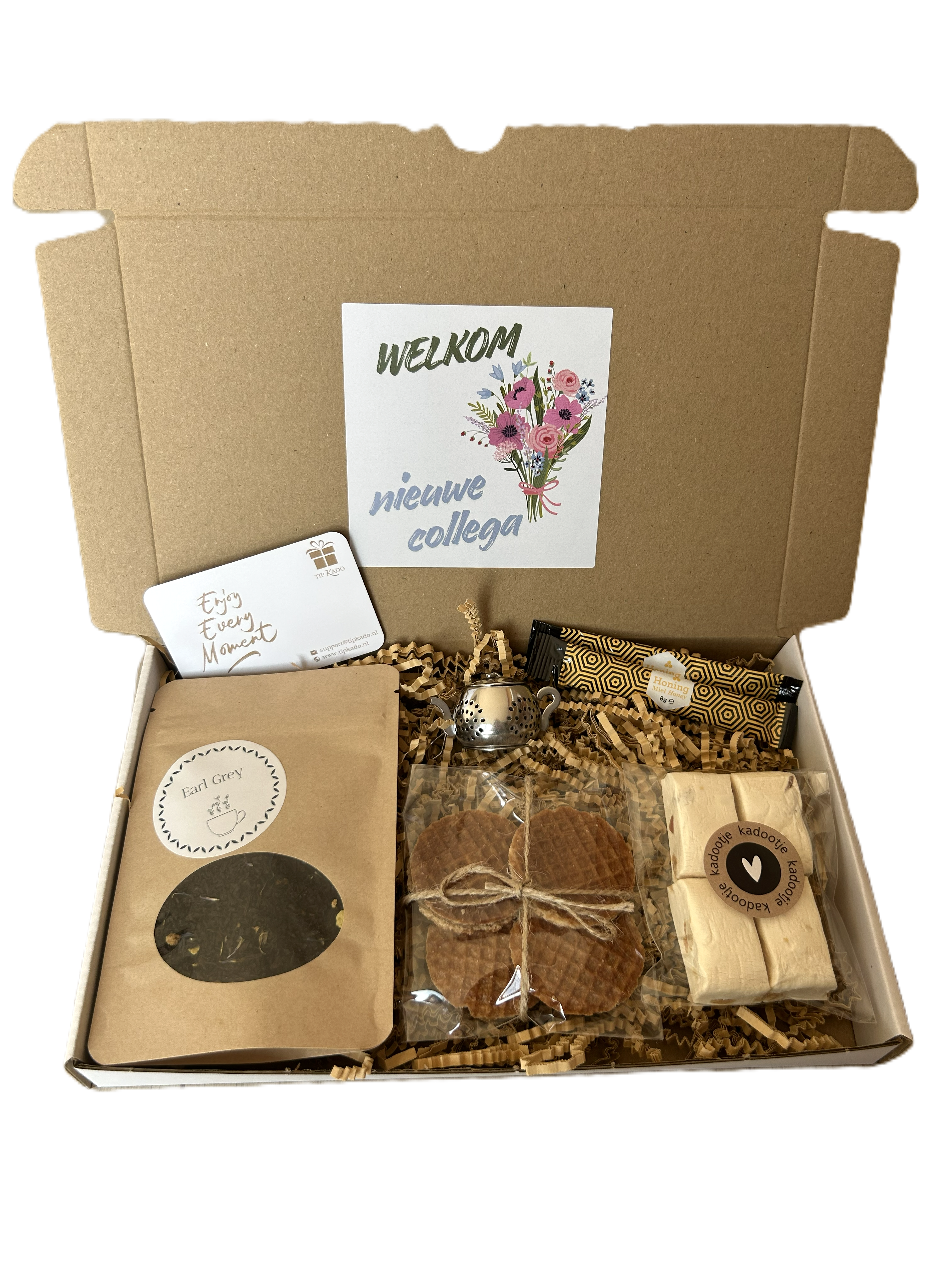 Welkom nieuwe collega thee brievenbus cadeau stroopwafels nougat honing theezeefje