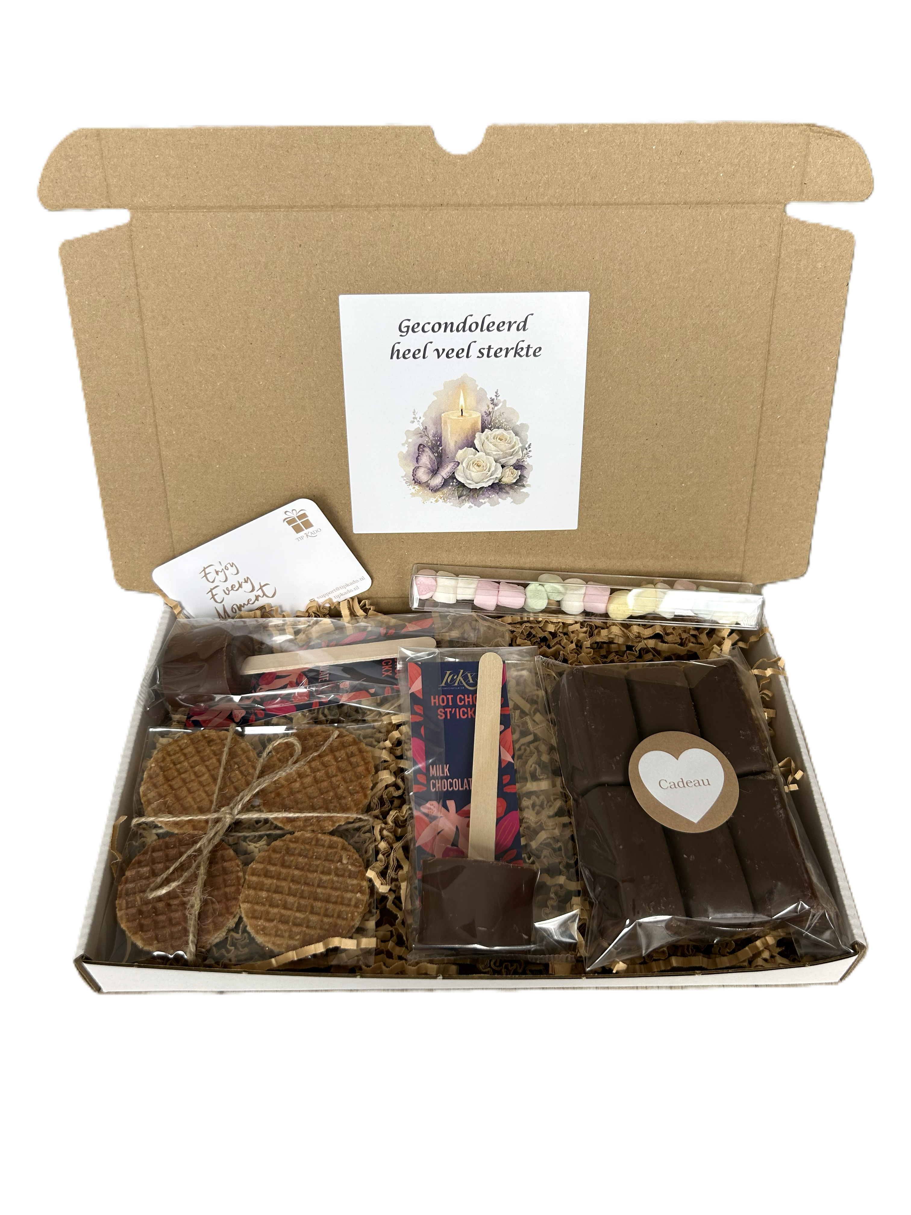 Gecondoleerd brievenbus cadeau choco marshmallows stroopwafels