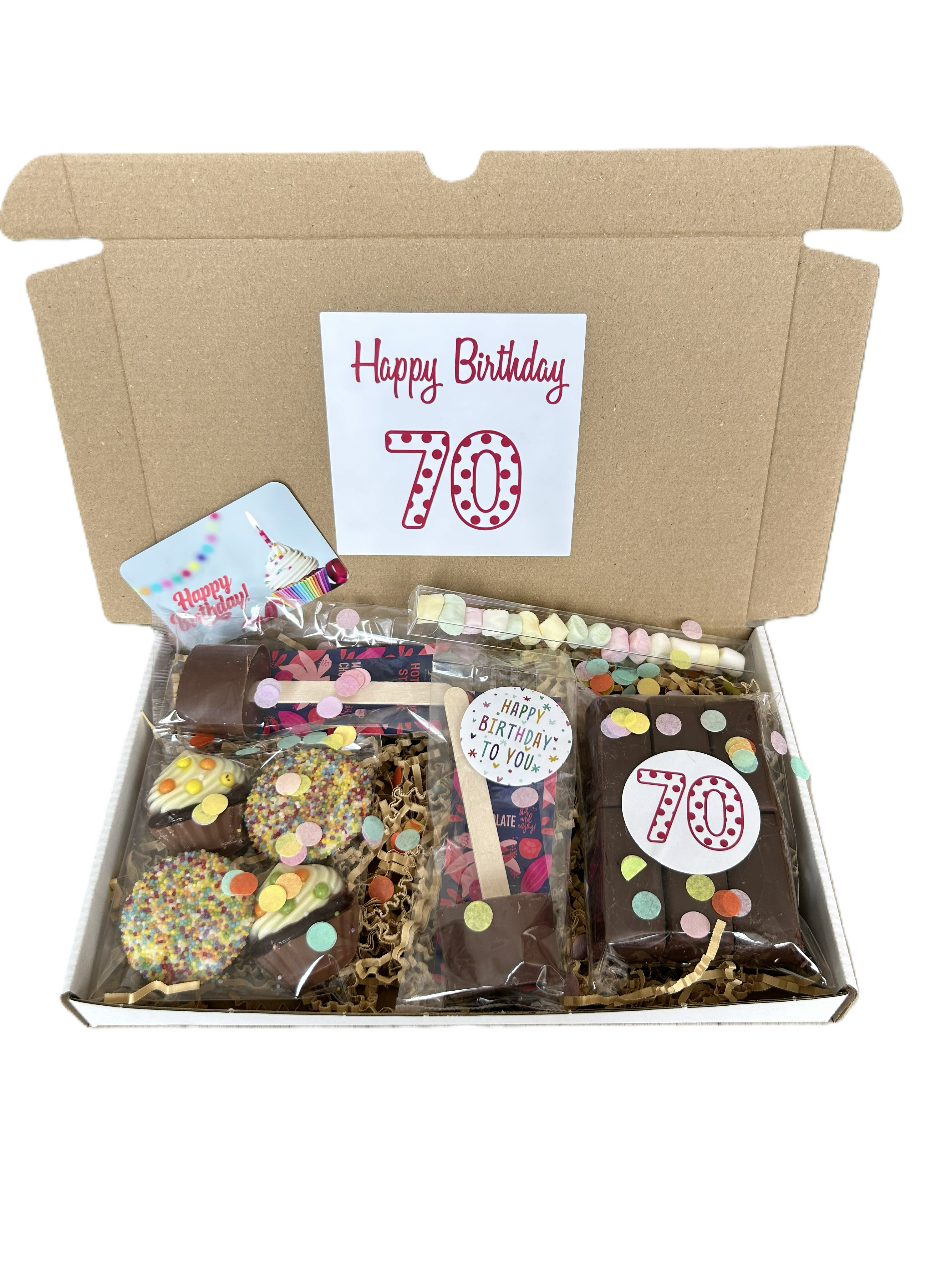 70 Verjaardag brievenbus cadeau chocolade cupcake chocolademelk marshmallows