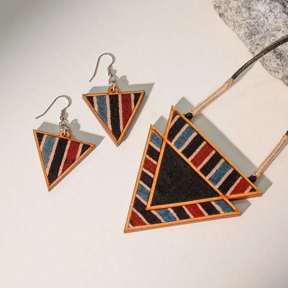 Thumbnail: WHE Black Ajrakh Repurposed Fabric and Wood Triangular Necklace