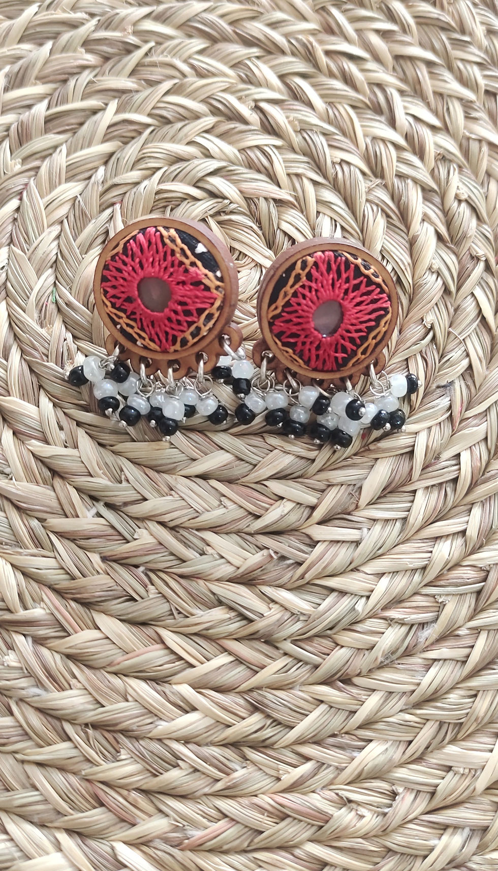 Thumbnail: WHE Hand Embroidered Red Earrings