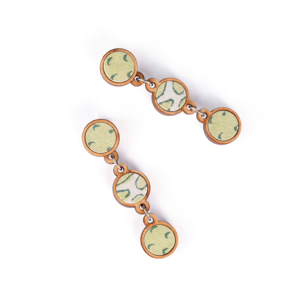 Thumbnail: WHE Green Repurposed Fabric and Wood Connecting Round Earrings