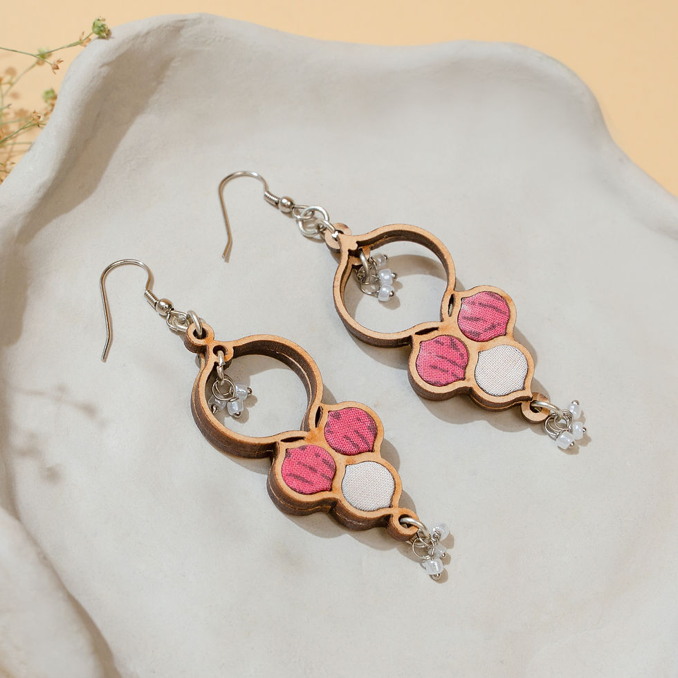 Thumbnail: WHE Pink and White Repurposed Fabric and Wood Danglers