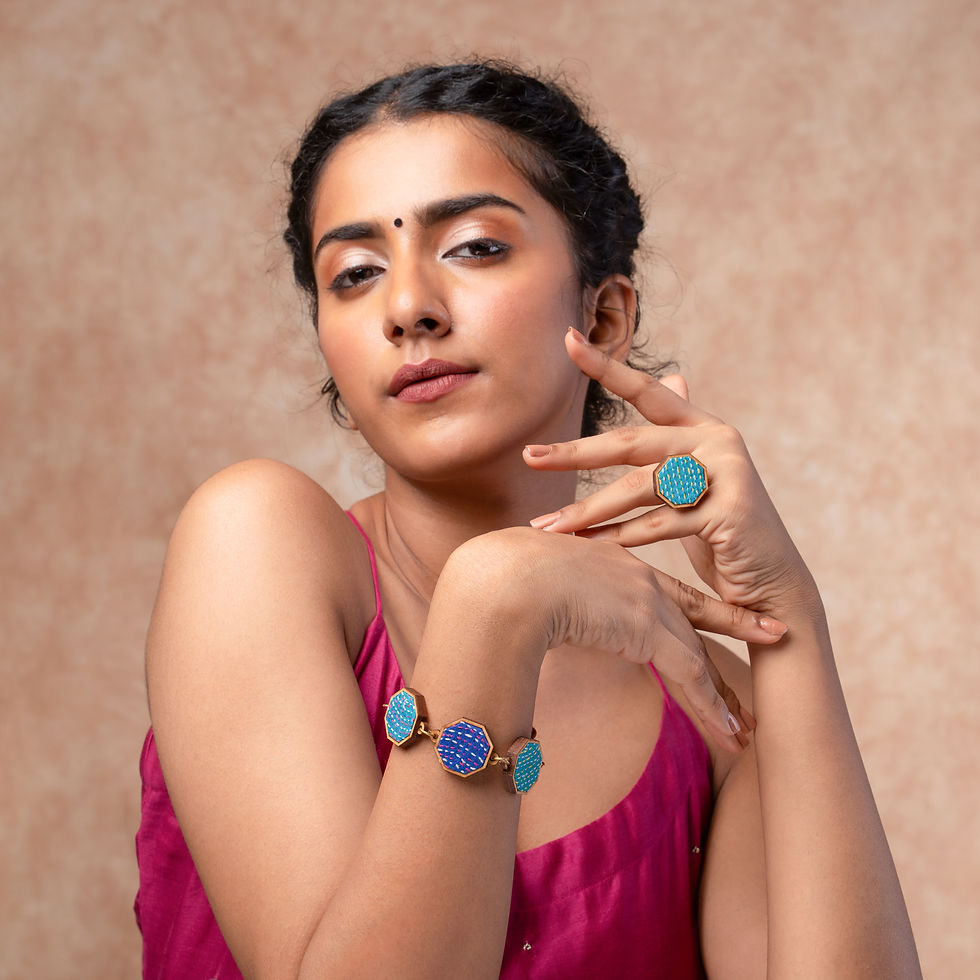 Thumbnail: WHE Multicolour Kantha Repurposed Silk Fabric and Wood Bracelet