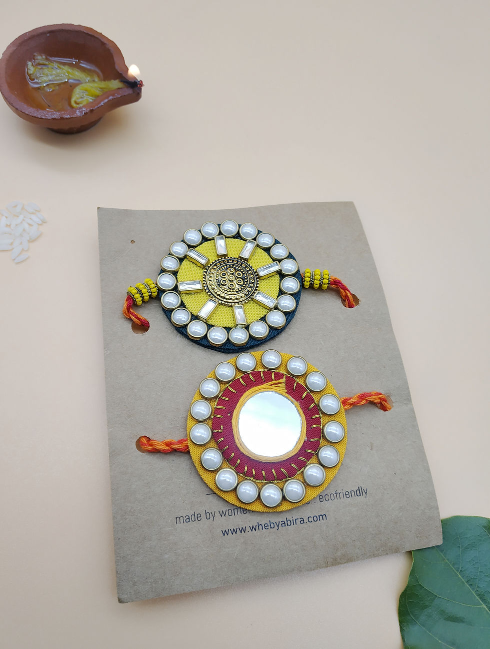 Thumbnail: Set of 2 Handmade Kundan Fabric Rakhi Combo
