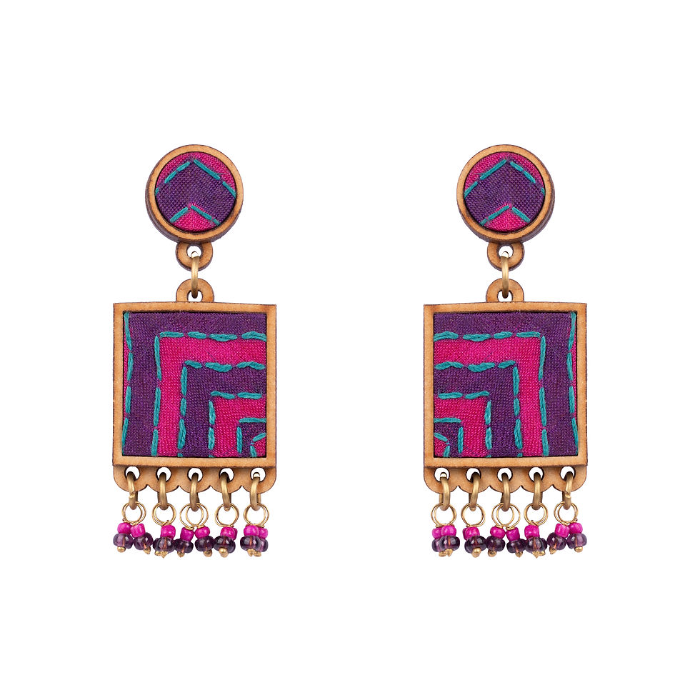 Thumbnail: WHE Pink Purple Kantha Repurposed Silk Fabric and Wood  Earrings