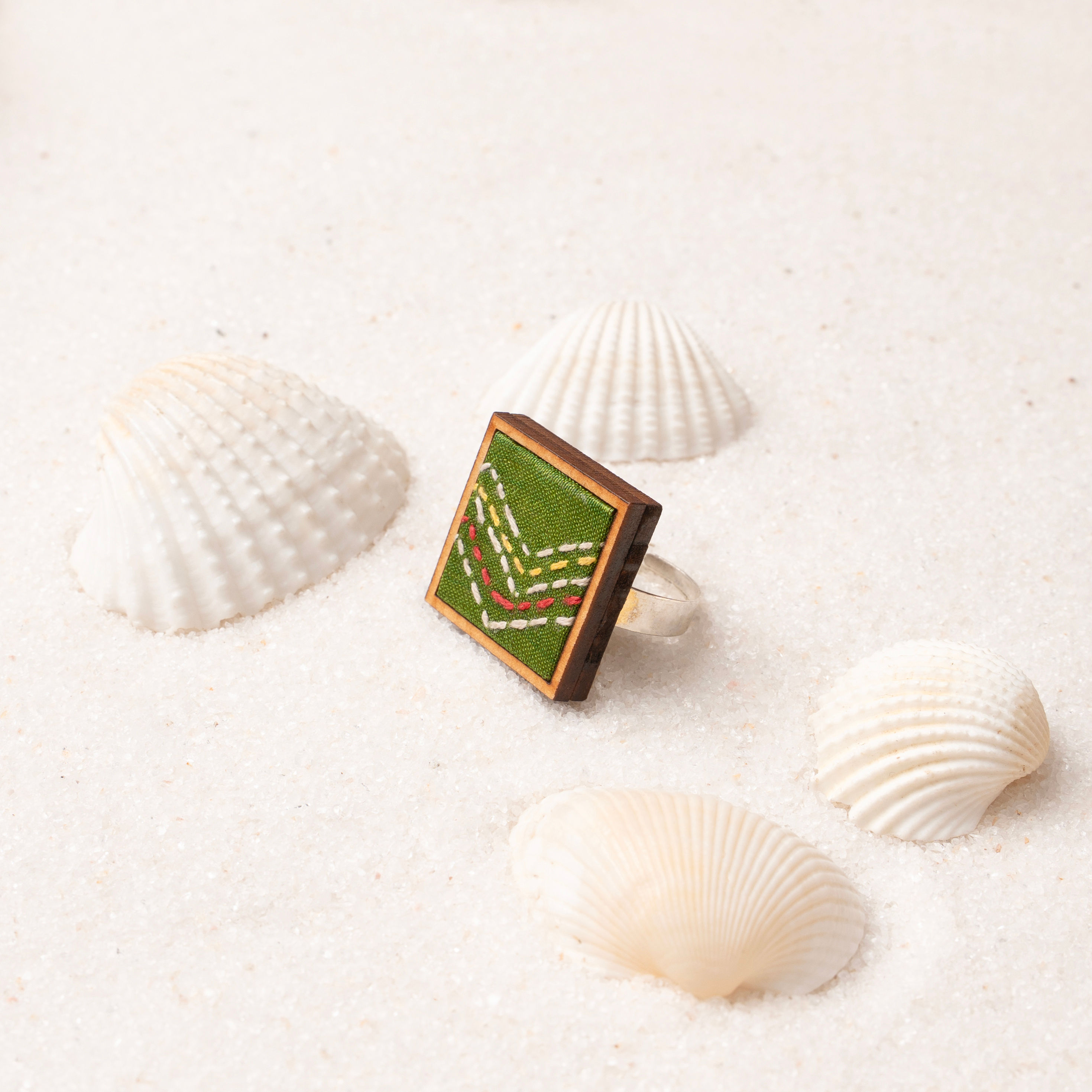 WHE Kantha Green Repurposed Silk Fabric and Wood Ring