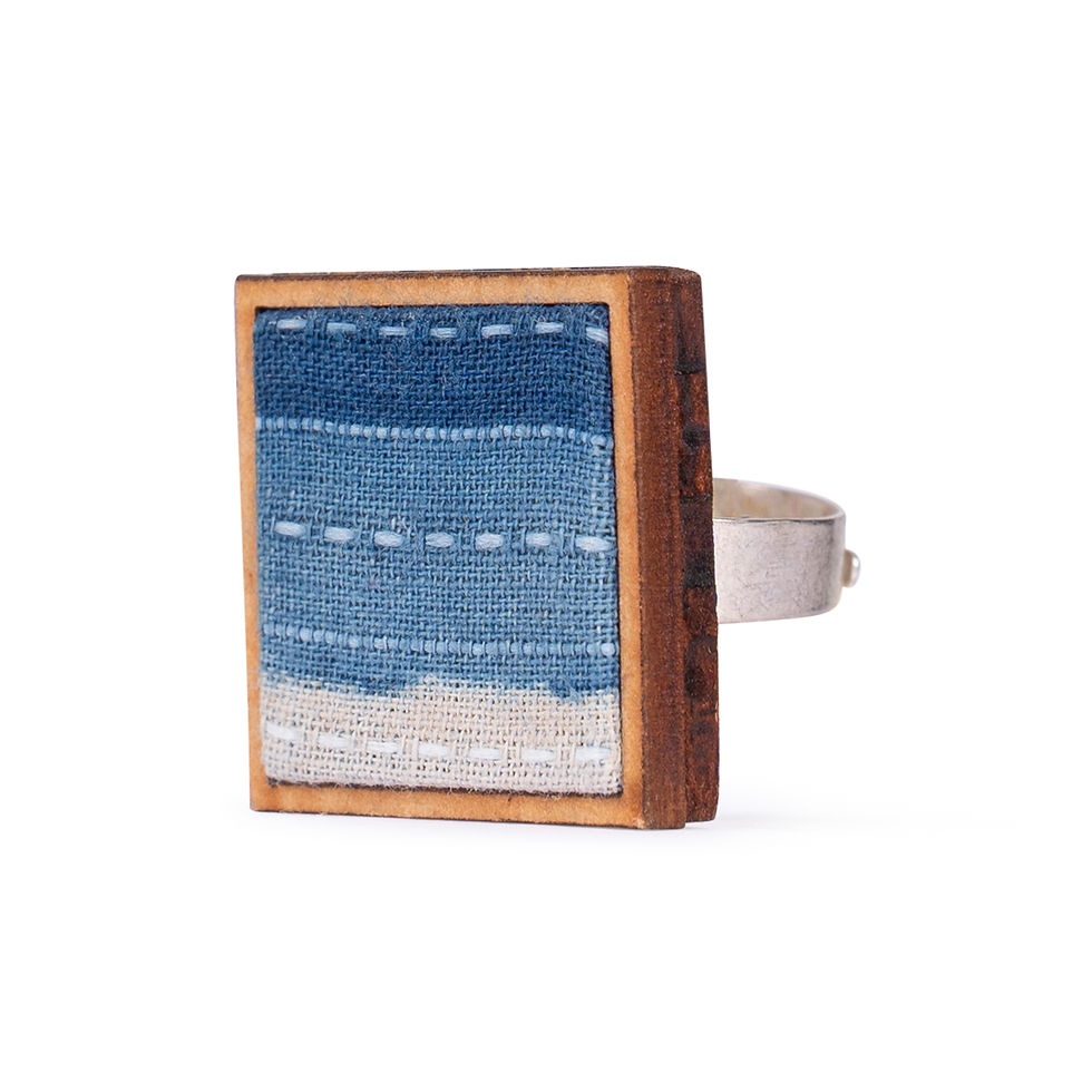 Thumbnail: WHE Shades of Indigo Blue Repurposed Fabric and Wood Square Ring