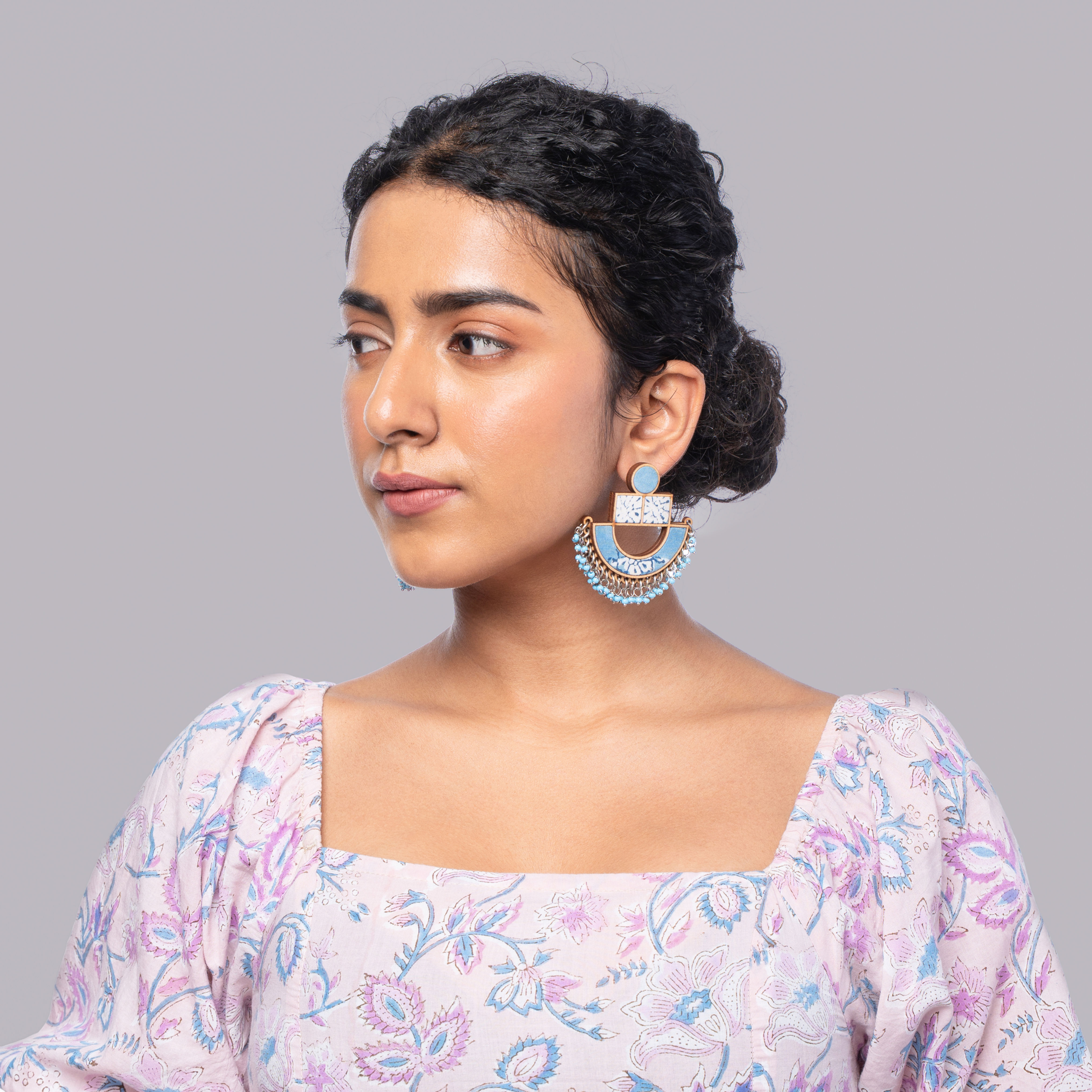 WHE Blue Repurposed Fabric and Wood Statement Earrings