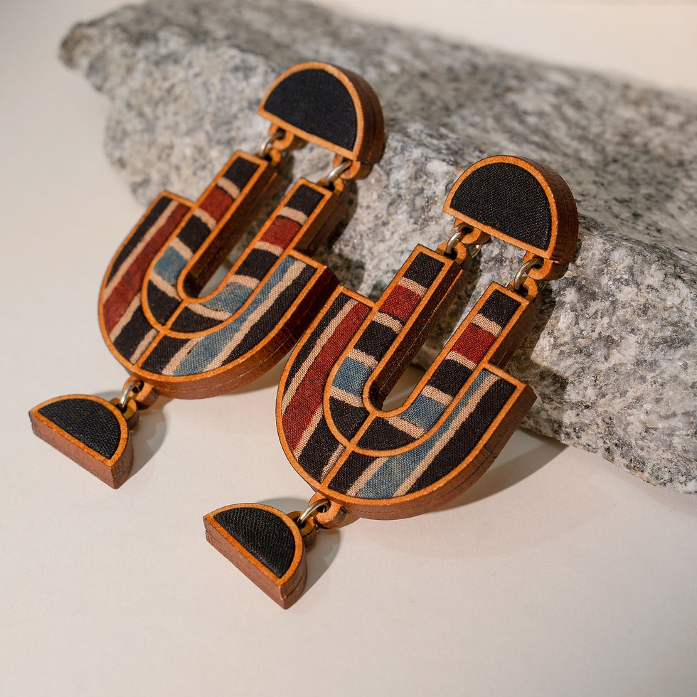 Thumbnail: WHE Black Stripe Ajrakh Repurposed Fabric and Wood Earrings