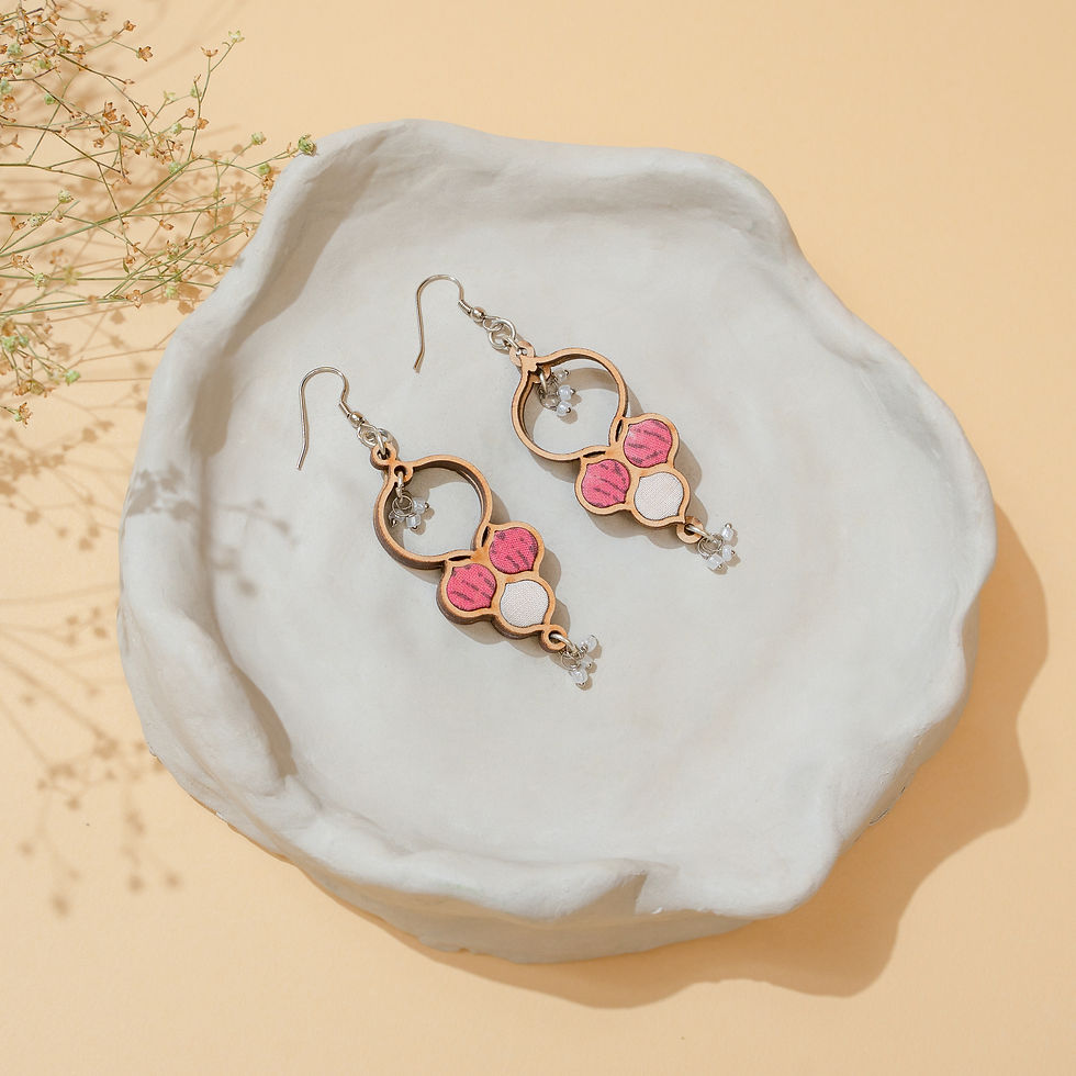 Thumbnail: WHE Pink and White Repurposed Fabric and Wood Danglers