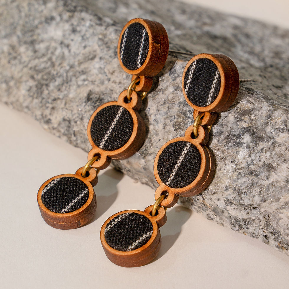 Thumbnail: WHE Black Repurposed Fabric and Wood Connecting Round Earrings