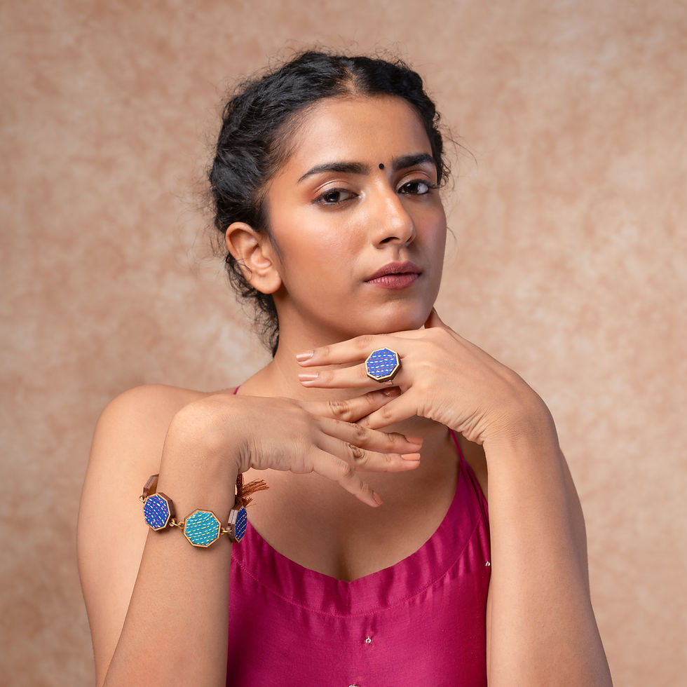 Thumbnail: WHE Blue Kantha Repurposed Silk Fabric and Wood Ring