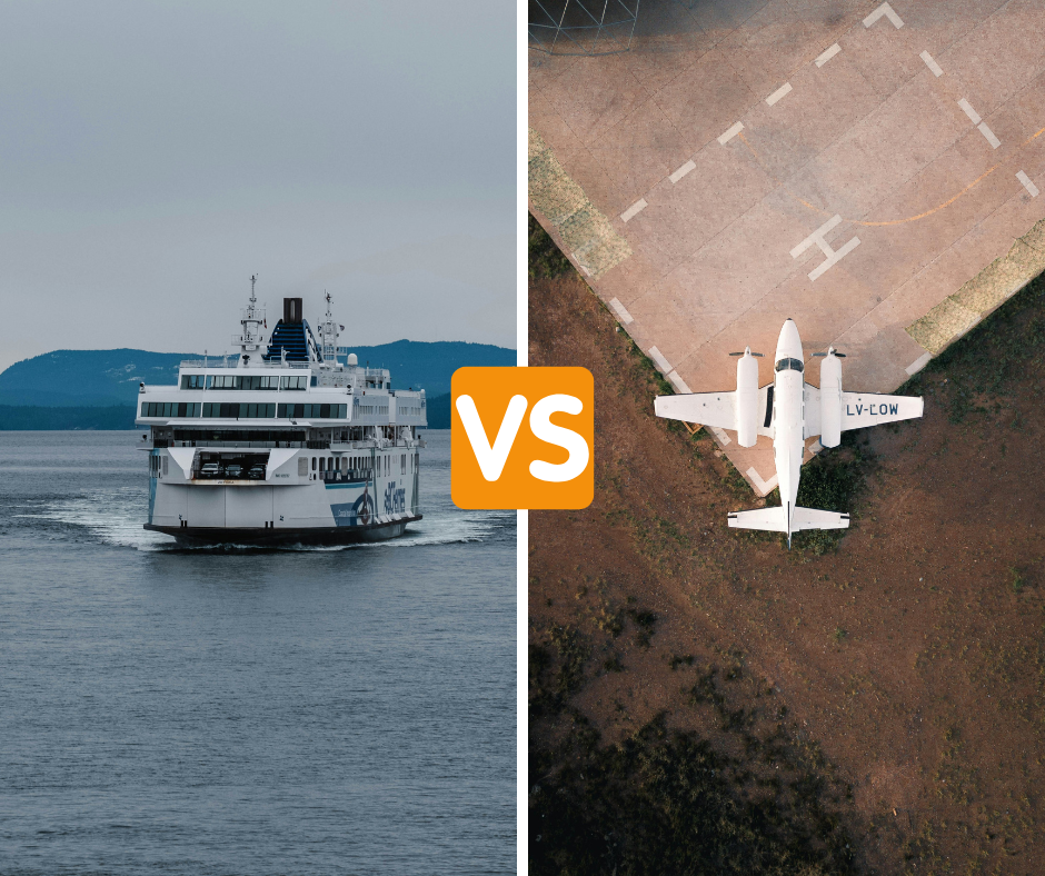 A ferry on open water vs. an airplane on a tarmac. Text “VS” in the center. Cool tones on the left, earthy colors on the right.