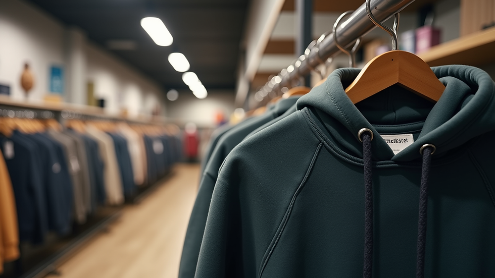 Eye-level view of a unisex hoodie hanging on a rack in a retail store
