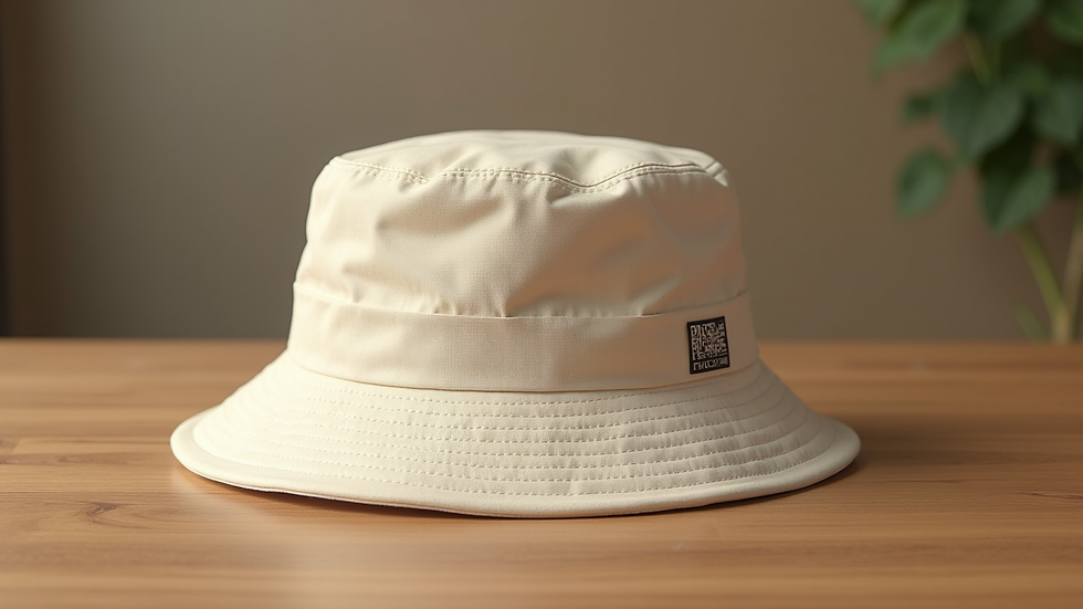 Close-up view of a beige cotton bucket hat on a wooden table