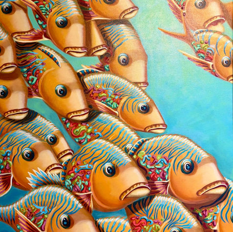 Diptych 1 - Inspired by the festive spirit of the Florida Keys, the diptych Chromatic current of the Keys transforms a scholl of grunt fish into a swirling current of tropical colors by Alicia Zemanek oil painter - Collection KeyWest