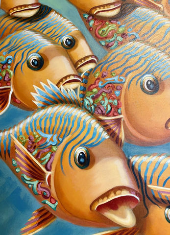 Chromatic current of the Keys is a diptych 36x48 inches in oil representing a school of grunt fish in tropical colors