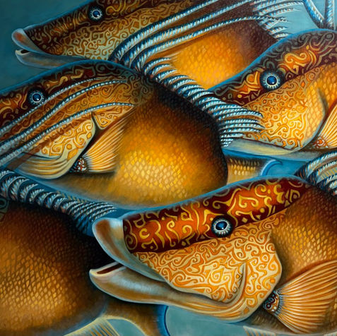 Arabesques Tide belongs to the KeyWest Collection and represents a school of hogfish in colors of coral and deep red in a turquoise water background by Alicia Zemanek oil painter