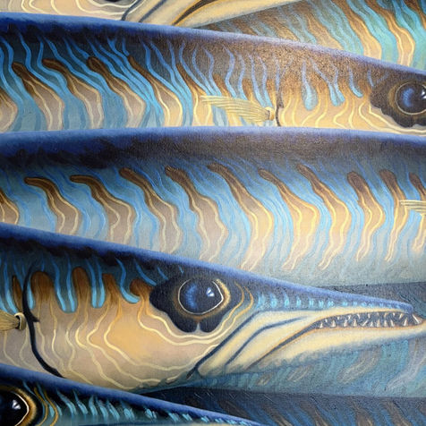 Left side view Electric abstract school of barracuda fishes  oil painting in turquoise and blue colors from Collection KeyWest by Alicia Zemanek Fine Art artist