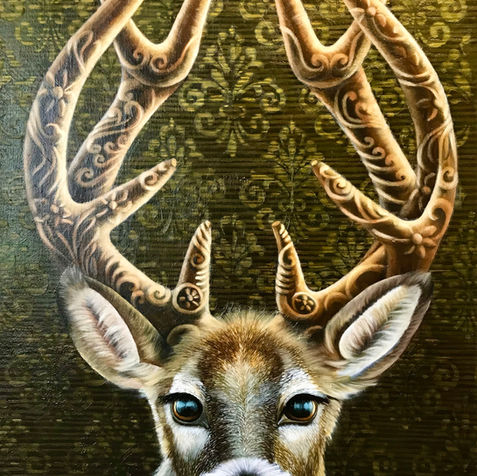 Art Contemporain d'un cerf de Virginie avec with des bois travaillés par Alicia Zemanek artiste peintre à l'huile
