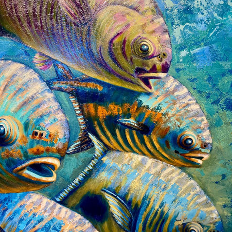 Peinture réaliste abstraite d'un Banc de poisson Permit de la Floride aux couleurs de  bleu, turquoise, orange & jaune.  Collection KeyWest pat l'artiste peintre Alicia Zemanek